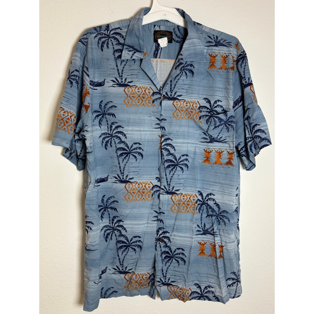 Hawaiian Reserve Collection Mens M Rayon Palm Tree Aloha Shirt Blue Made‎ Hawaii
